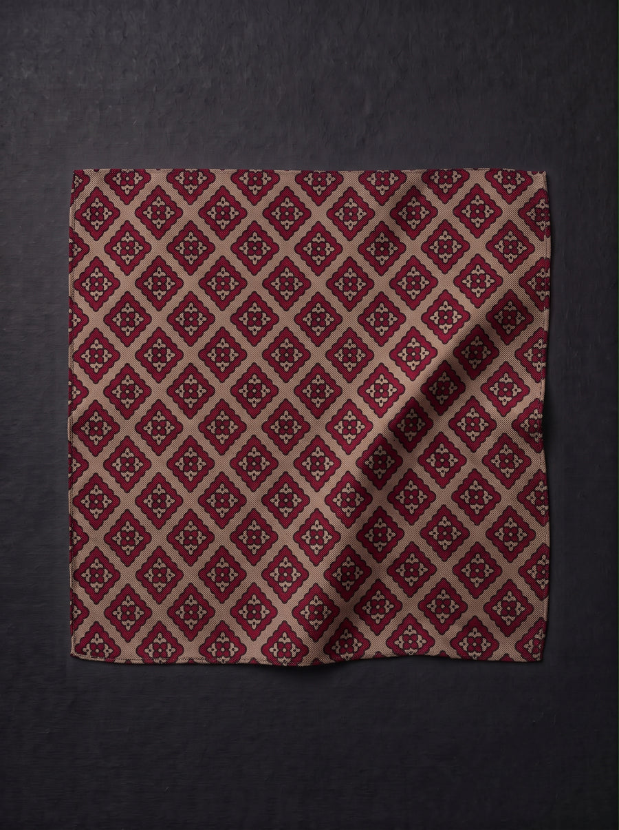 Beige & Burgundy Geometric Microfiber Pocket Square