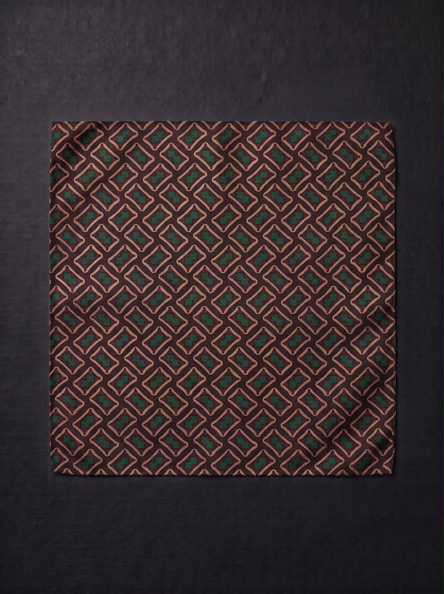 Brown & Green Geometric Microfiber Pocket Square
