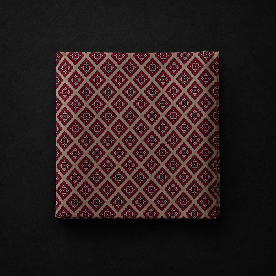 Beige & Burgundy Geometric Microfiber Pocket Square