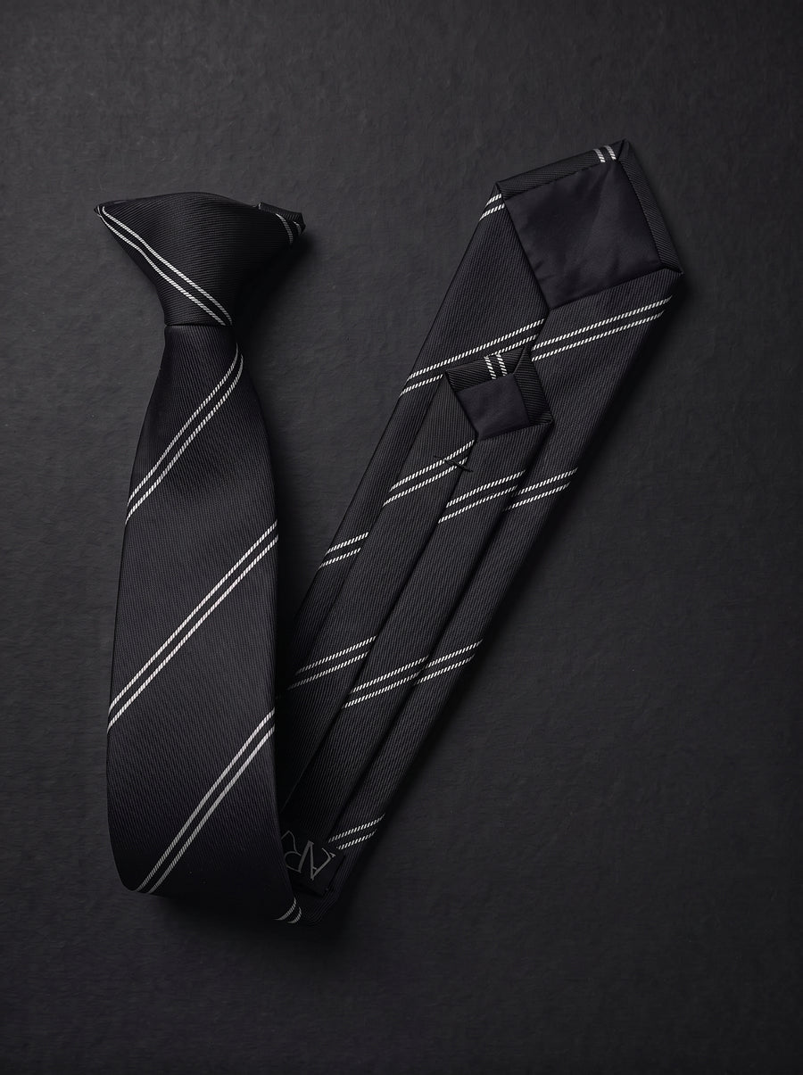 The Fine Double Stripe — Black Clip-On Tie